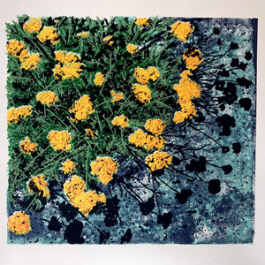 2022 Screen print by Anne Steen is an image of bright yellow yarrow flowers on a field of green and blue with dark blue shadow figures. 